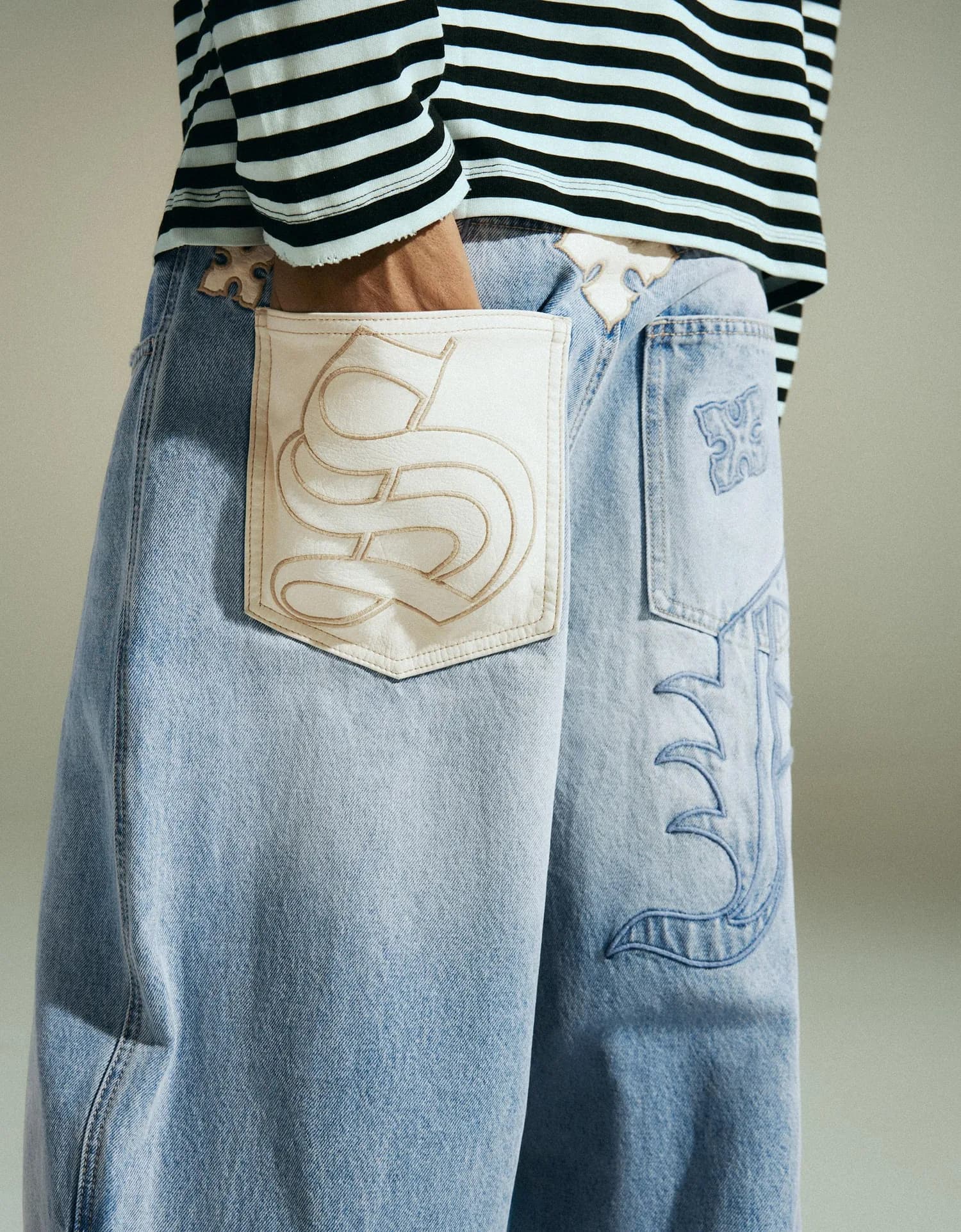 Calça Jeans Barrel Patchwork