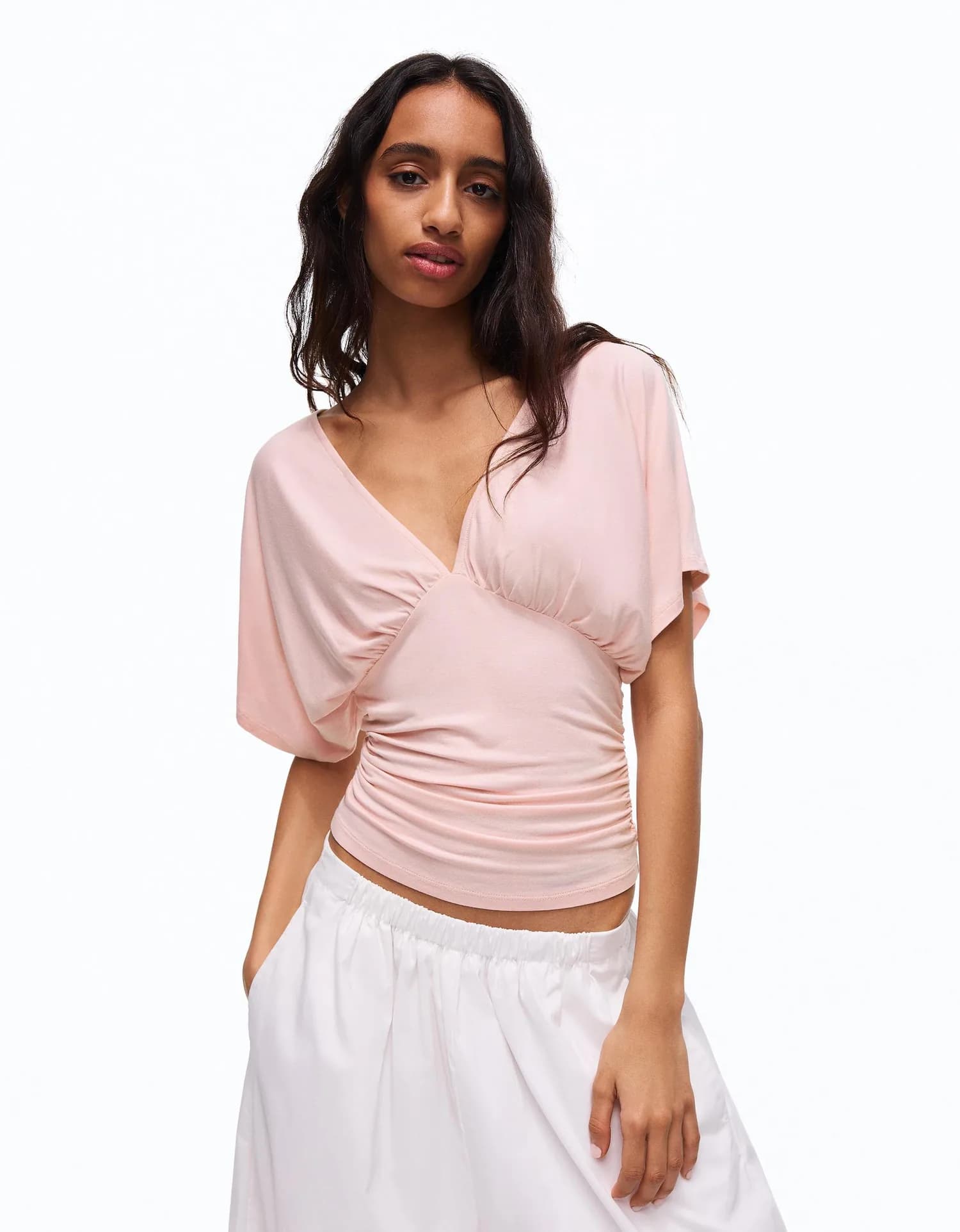 Camiseta Decote V Franzida